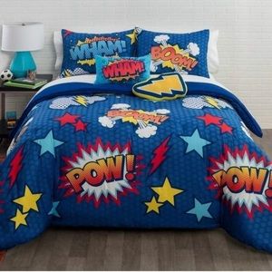 5 Piece Kids Super Hero Saying Comic Comforter Full Bedding Bed Set